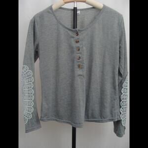 Gray Long Sleeve Henley Top with Lace Detail